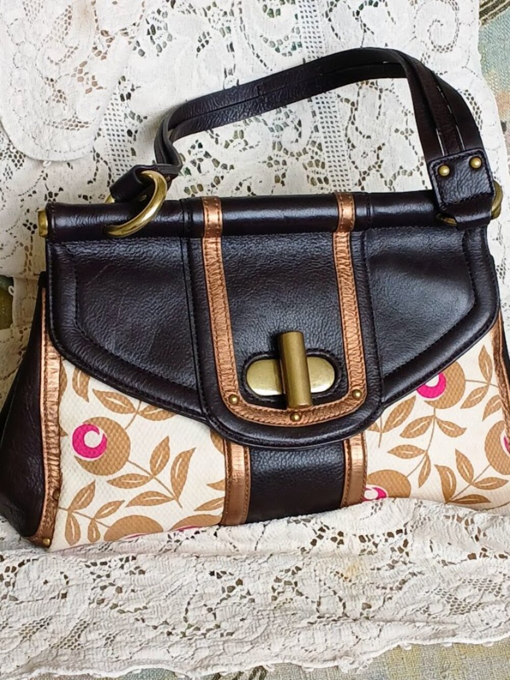 Kenneth Cole Vintage Black Leather & Floral Print Satchel Handbag Y2K.
